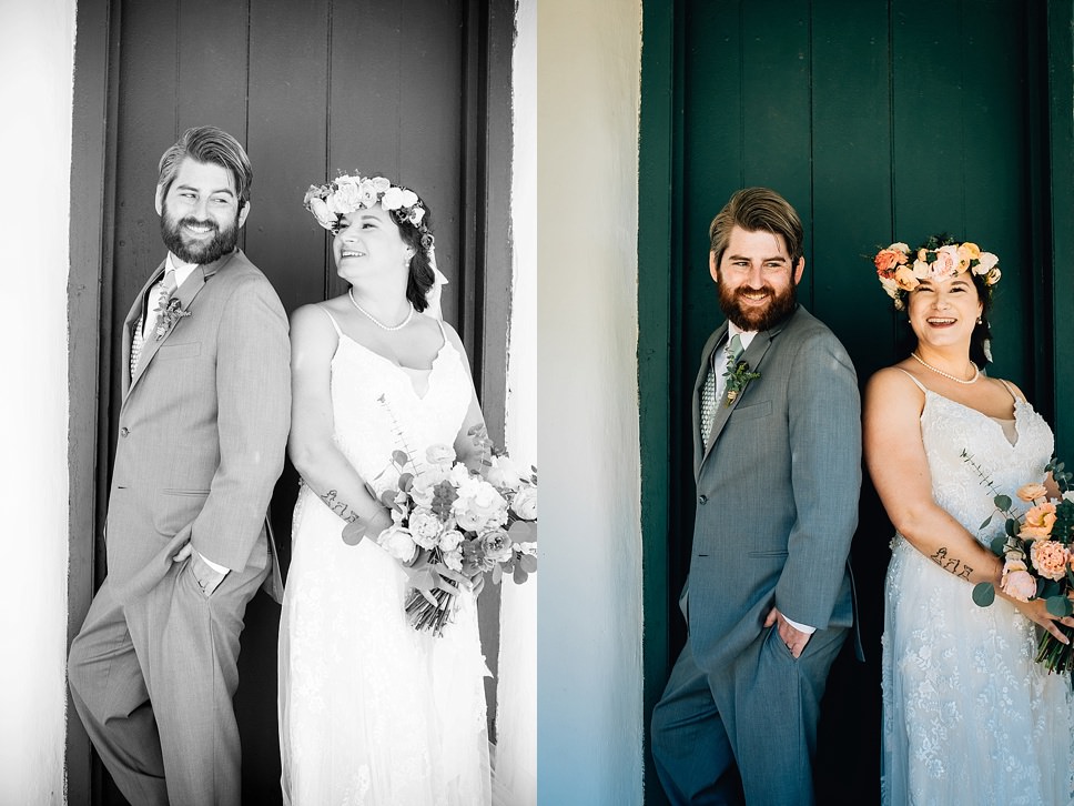 Bride and groom portraits, Oceanside weddings, Vista weddings, Rancho guajome adobe, doors, mission style buildings, floral crown, wedding photography